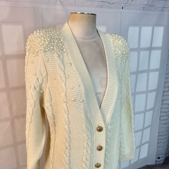 Lilly's Kloset Cream Cable Knit Golf Button V-Neck Long Cardigan Size 2XL - Picture 2 of 12